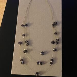 Floating Purple Beads and Rhinestone Layered Wire Necklace